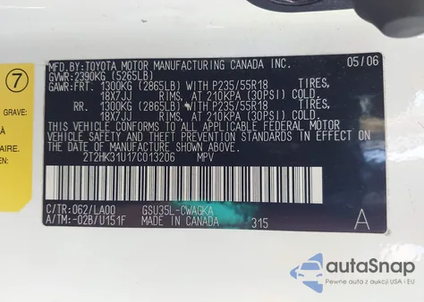 2007 Lexus Rx 350 z USA, uszkodzony, nr VIN 2T2HK31U17C013206